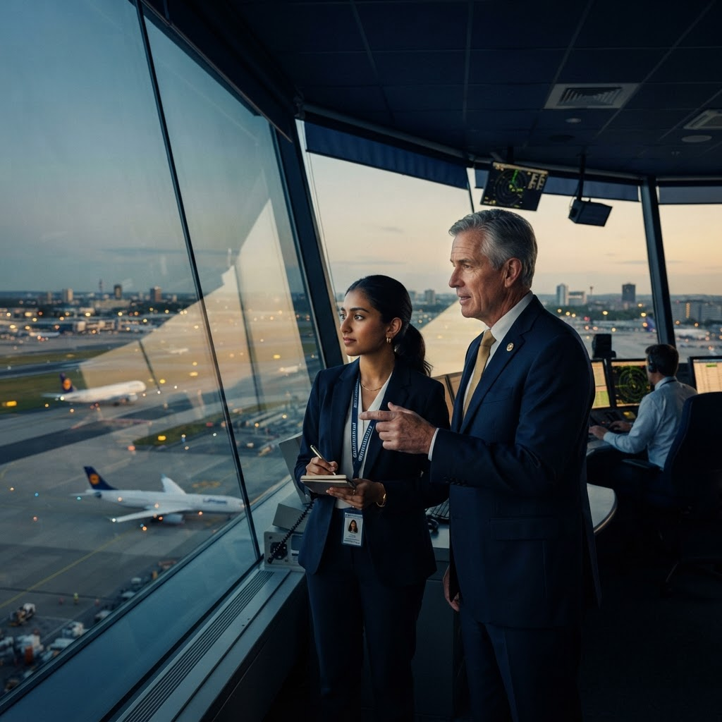 Scholar shadowing an airport executive in operations
